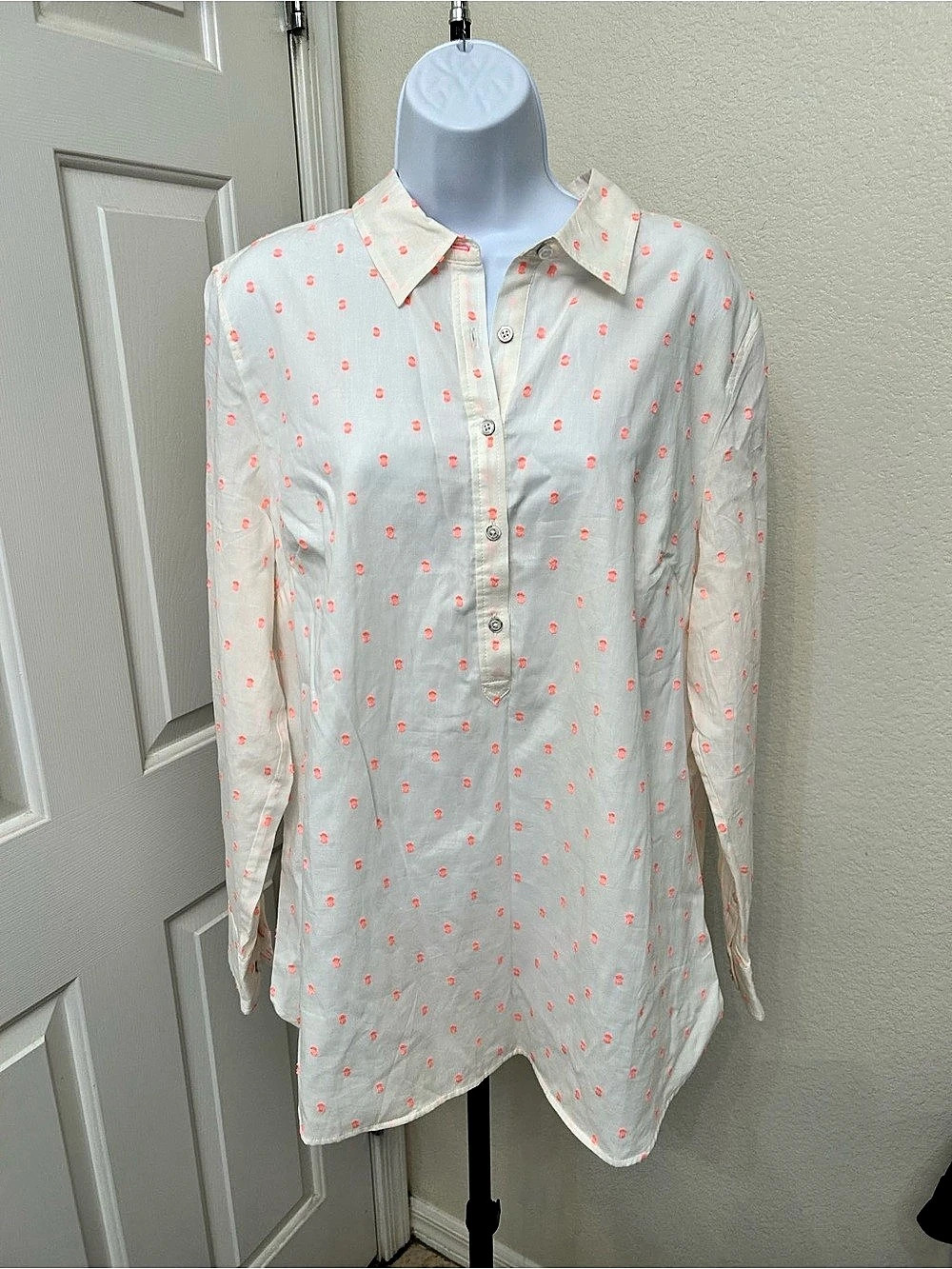 NWT Talbots Clip Dot Popover Button Down Shirt White & Pink XL